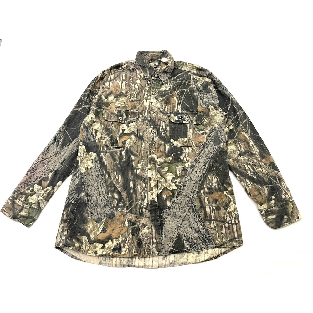 Vintage Mossy Oak Break Up‎ Camo Button Up Shirt Large Pockets Made in USA